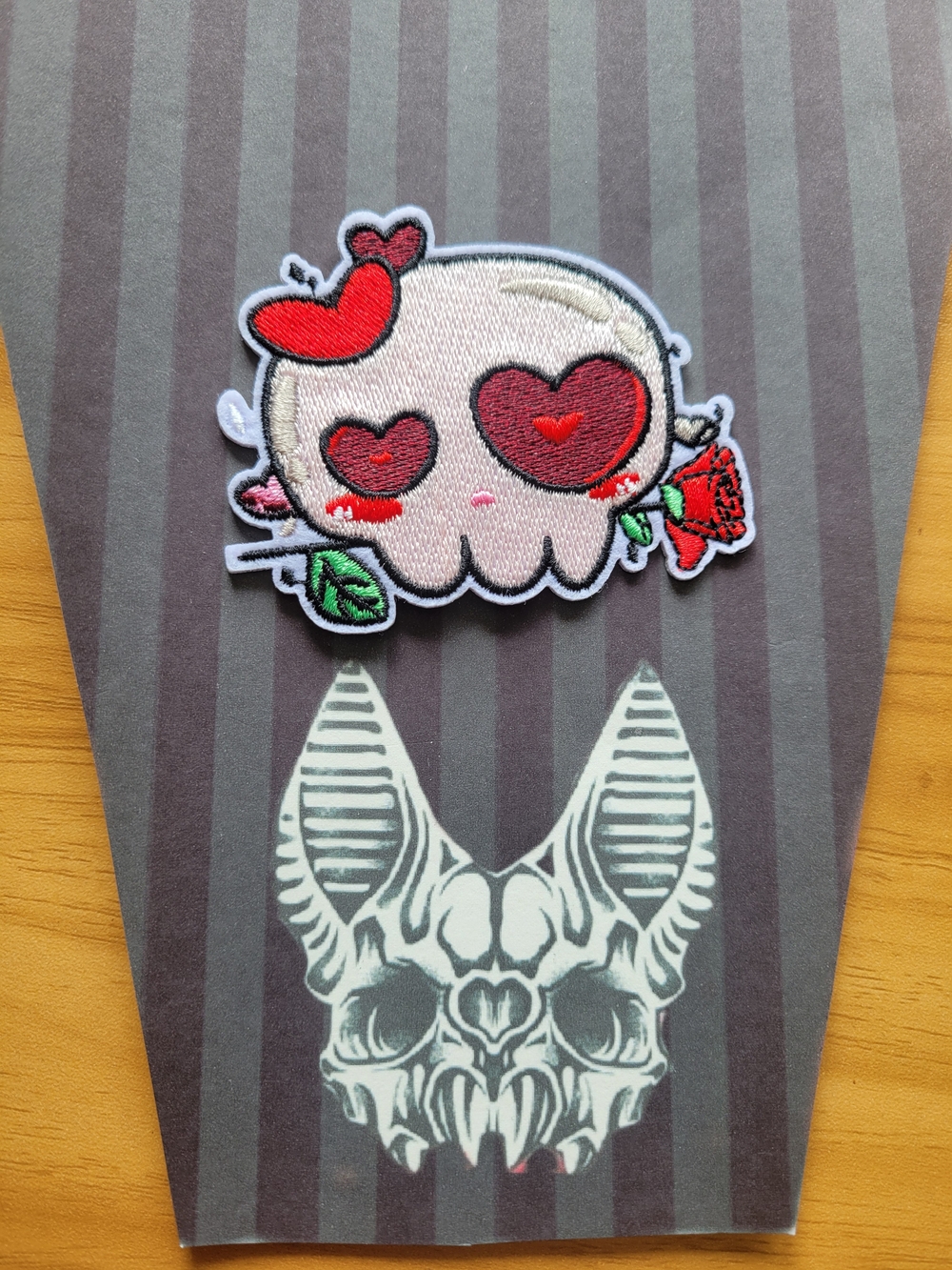 💀NEW💀 Hand Crafted Pink Skull Patch with Red Hearts and Green Leaf Accents
